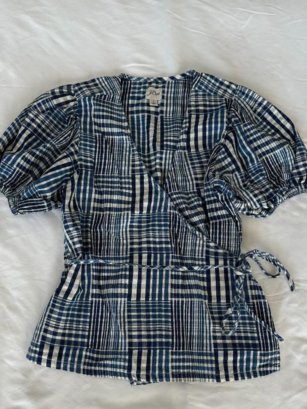 J.Crew Blue Plaid Wrap Blouse Sz S